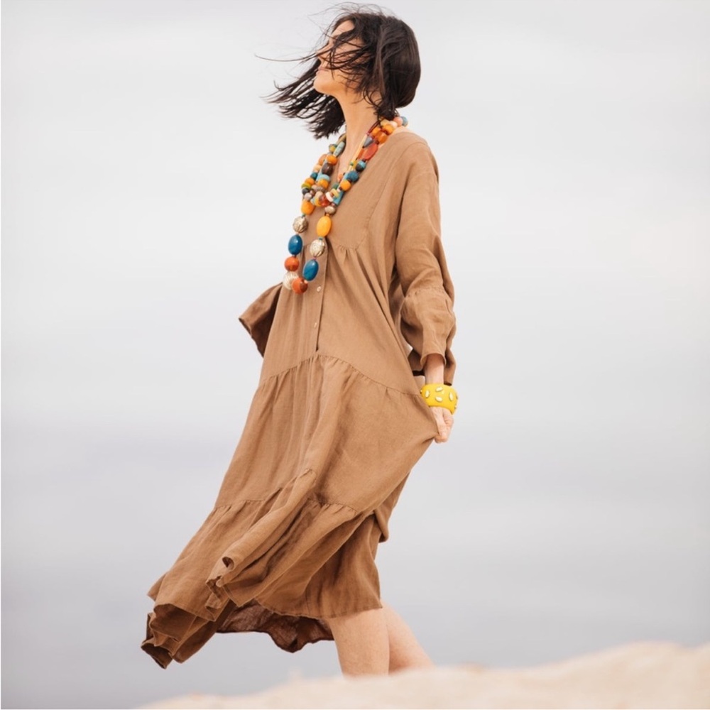 New Becasa Bronze Grand Palm Linen Maxi Dress One Size